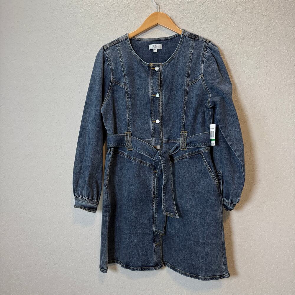 Habitual Fit and Flare‎ Long Sleeve Denim Blue Jean Tie Waist Dress Size L NEW